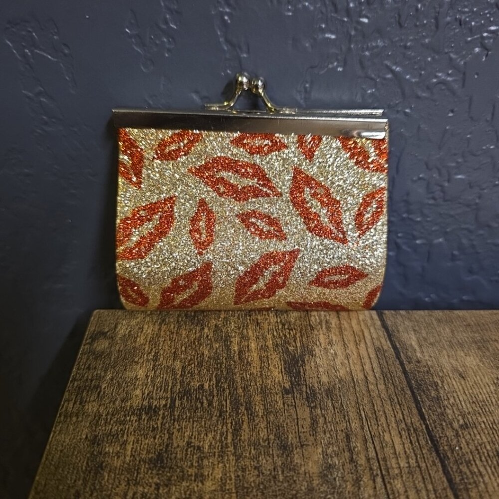 Coin Purse, Kiss Lock Bag for Women, Red Lips on Gold, Sparkle Glitter